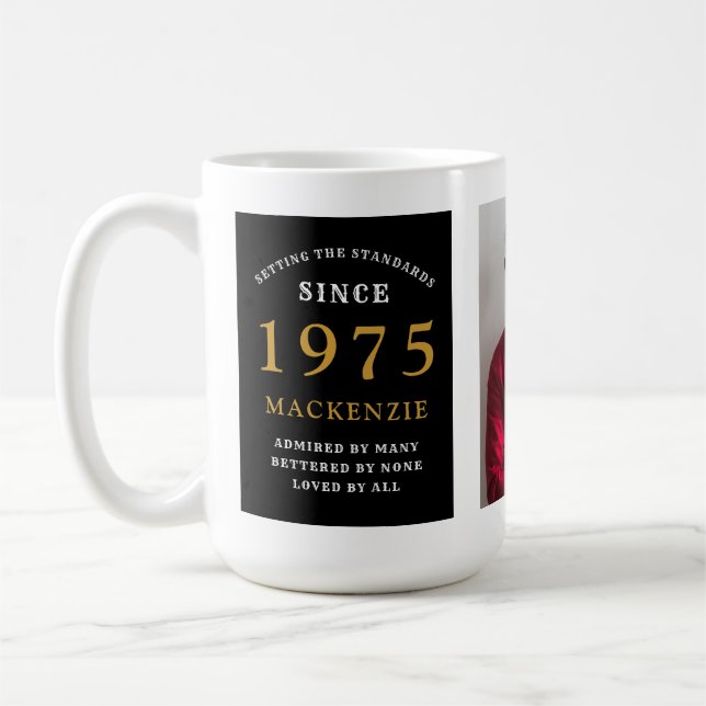 50th Birthday Black Gold Add Year Name Photo Large Coffee Mug (Left)