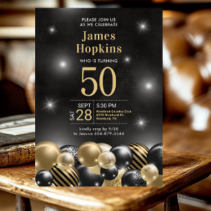 50th Birthday Black Gold Balloons Photo Invitation