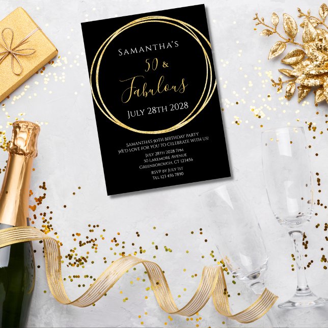 50th Birthday Black Gold Birthday Invitation (Creator Uploaded)