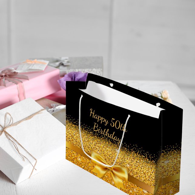 50th birthday black gold bow classic elegant large gift bag (Creator Uploaded)