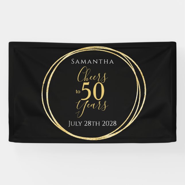 50th Birthday Black Gold Cheers to 50 Years Party Banner (Horizontal)