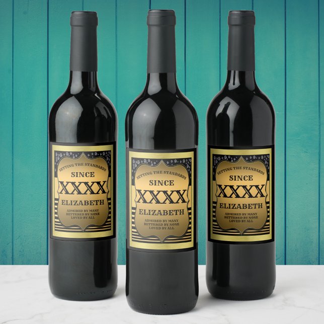50th Birthday Black Gold Elegant Personalised Wine Label (Creator Uploaded)
