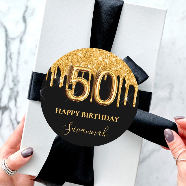 50th birthday black gold glitter balloon party classic round sticker (Creator Uploaded)