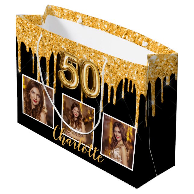 50th birthday black gold glitter drips photo large gift bag (Back Angled)