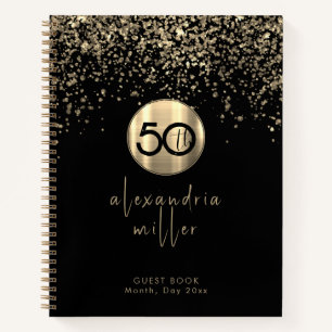 50th Birthday Black Gold Glitter Guestbook Notebook