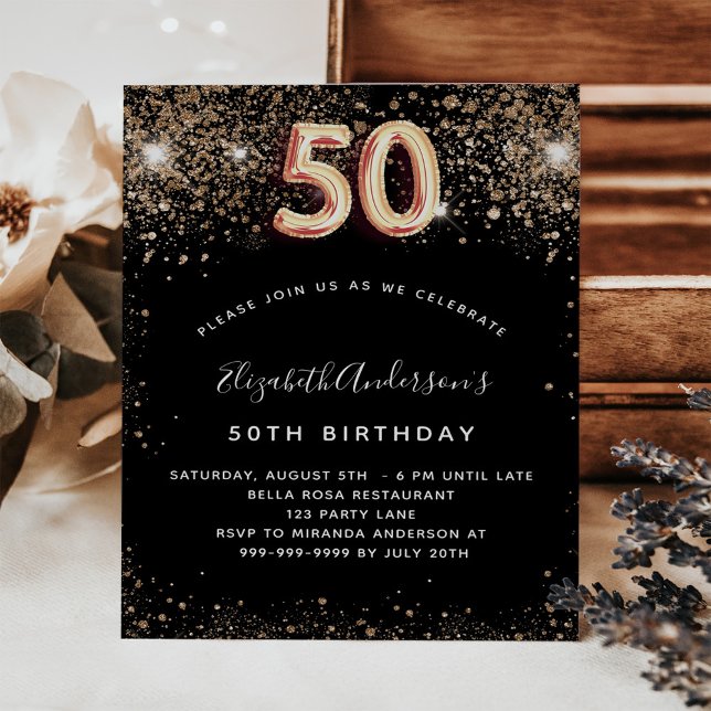 50th birthday black gold glitter invitation (Creator Uploaded)
