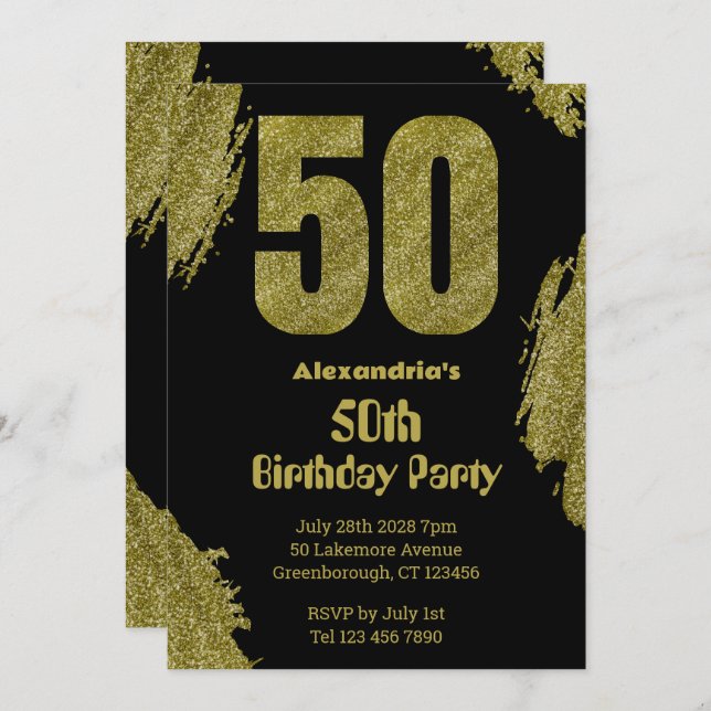 50th birthday black gold glitter party invitation (Front/Back)