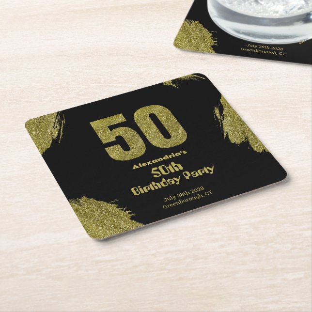 50th birthday black gold glitter party square paper coaster (Angled)