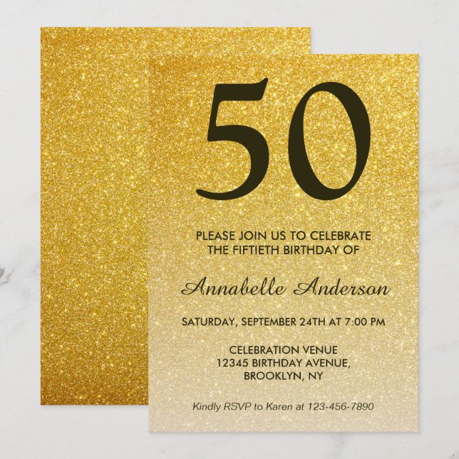 50th Birthday Black Gold Glitter Sparkle Ombre Invitation (Front/Back)