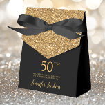 50th Birthday Black Gold Glitter Thank You Favour Box<br><div class="desc">This fabulous modern 50th Birthday Black Gold Glitter Thank You favour box with sparkling gold glitter, the birthday girl's name in a trendy script font, and tied with an elegant black bow would be perfect for your event. It would be great for a candy station, on a thank you gift...</div>