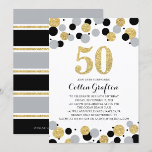 50th Birthday Black Gold Grey Glitter Confetti Invitation