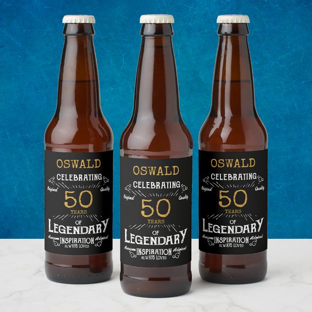 50th Birthday Black Gold  Legendary Funny Beer Bottle Label (A personalized elegant 50th birthday beer bottle label.)