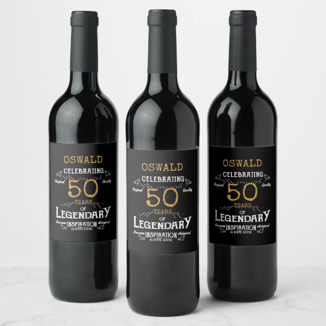 50th Birthday Black Gold Legendary Funny Wine Label (Bottles)