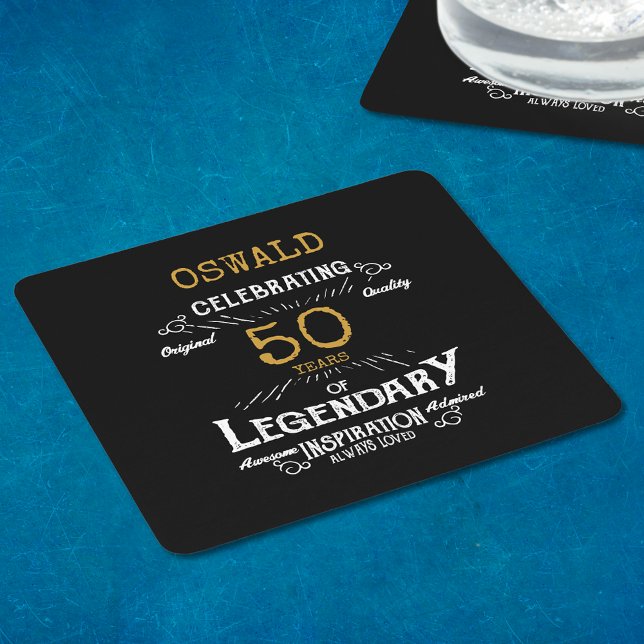 50th Birthday Black Gold  Legendary Retro Square Paper Coaster (A personalized elegant 50th birthday paper coaster that is easy to customize)