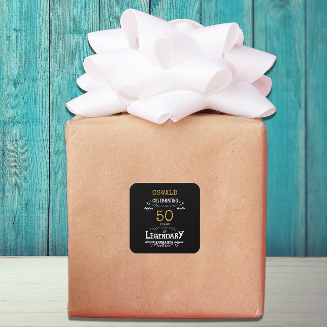 50th Birthday Black Gold Legendary Retro Square Sticker (50th Birthday Black Gold Legendary Retro Square Sticker)