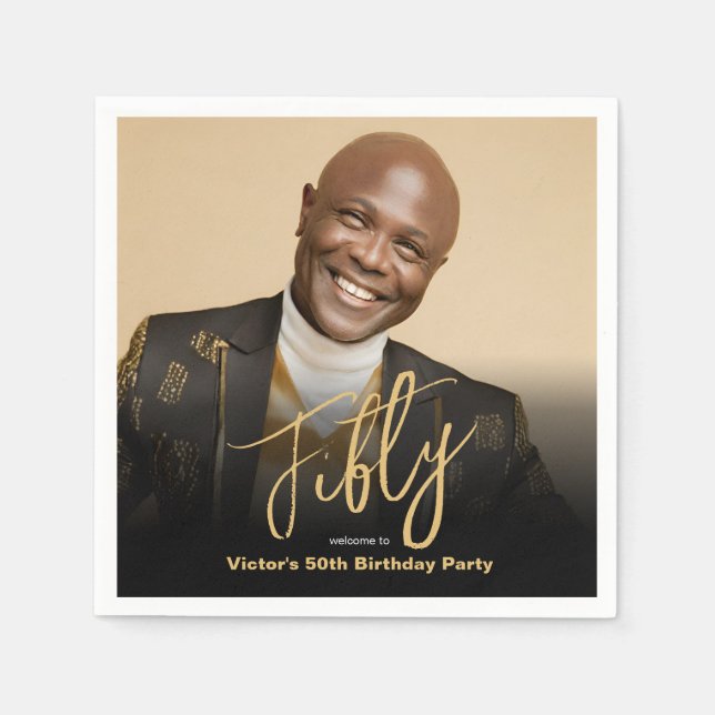 50th Birthday Black Gold Modern Chic Custom Photo  Napkin (Front)