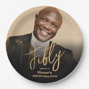 50th Birthday Black Gold Modern Chic Custom Photo Paper Plate