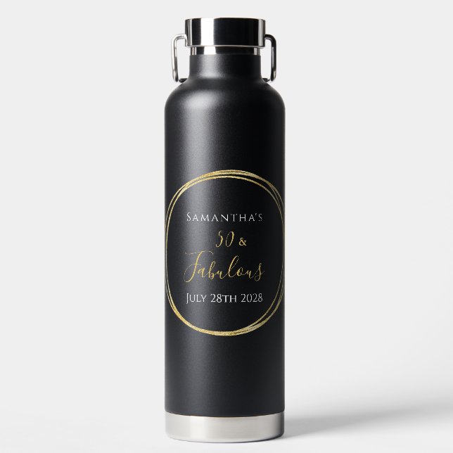 50th Birthday Black Gold Modern Water Bottle (Front)