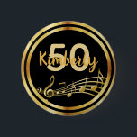 50th birthday black gold music notes 6 cm round badge<br><div class="desc">Black background with faux gold music notes for a 50th birthday party. With a faux gold frame. Templates for age and name.  The name is written in a hand-lettered style script.  Golden letters and number.</div>