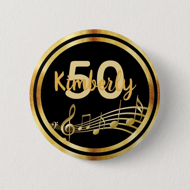 50th birthday black gold music notes 6 cm round badge (Front)
