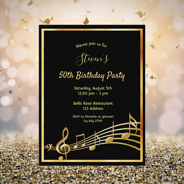 50th birthday black gold music notes invitation postcard (Creator Uploaded)