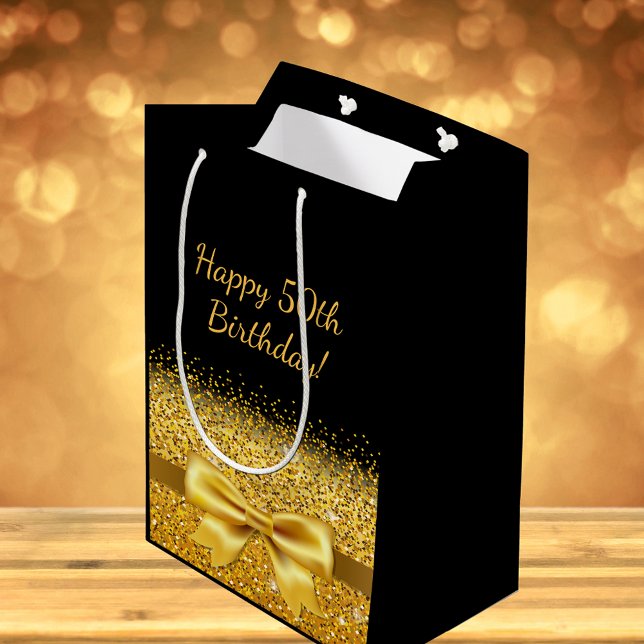 50th birthday black gold name elegant medium gift bag (Creator Uploaded)