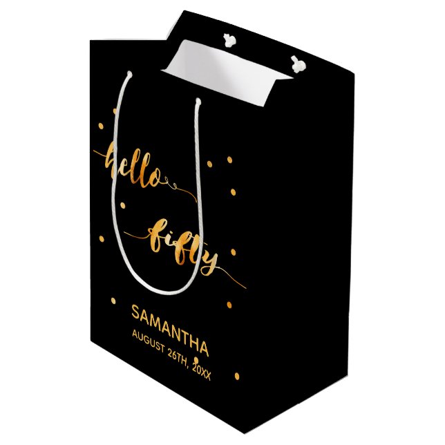 50th birthday black gold name typography modern medium gift bag (Back Angled)