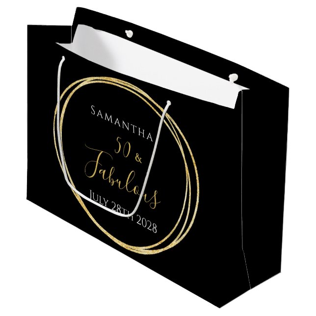 50th Birthday Black Gold Personalised Large Gift Bag (Front Angled)