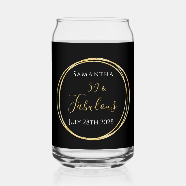 50th Birthday Black Gold Personalised Party Favour Can Glass (Front)