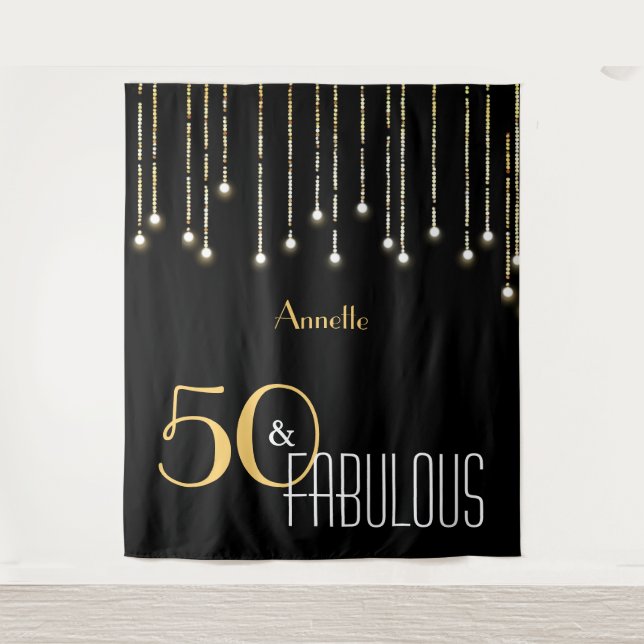 50th Birthday Black Gold Photo Booth Backdrop Tapestry (Front)