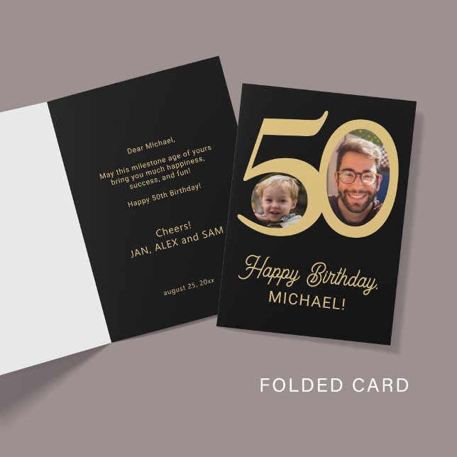 50th birthday black gold photo card (Creator Uploaded)