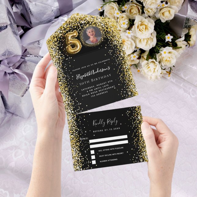 50th birthday black gold photo rsvp all in one invitation (Creator Uploaded)