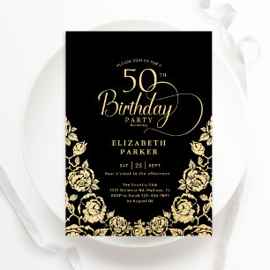 50th Birthday Black Gold Roses Invitation