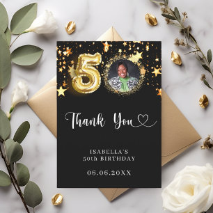 50th birthday black gold stars photo thank you card