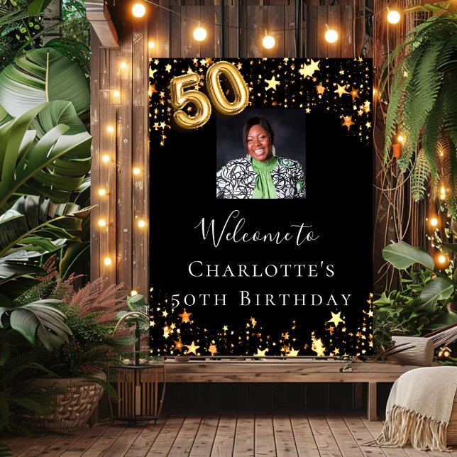 50th birthday black gold stars photo welcome poster (Creator Uploaded)