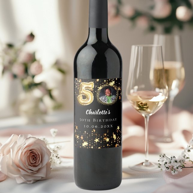 50th birthday black gold stars photo wine label (Creator Uploaded)