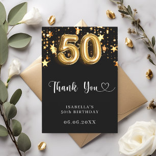 50th birthday black gold stars thank you card