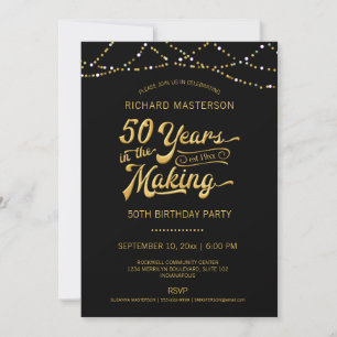 50th Birthday Black Gold String Lights Invitation