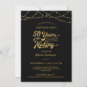 50th Birthday Black Gold String Lights Invitation