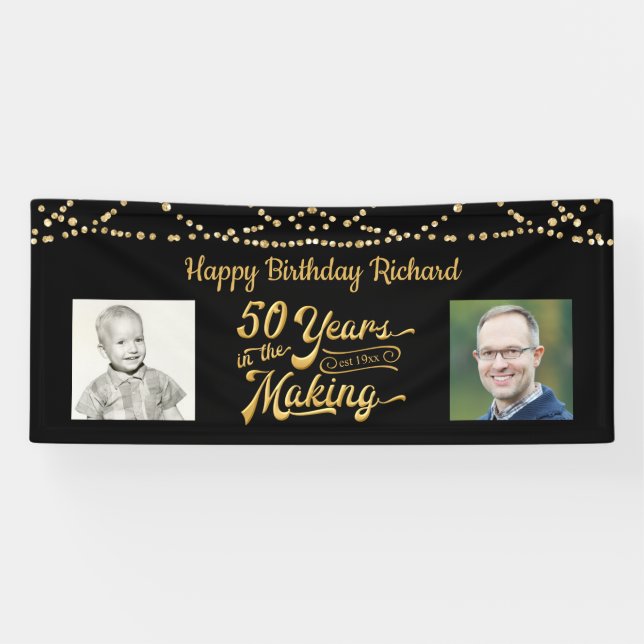 50th Birthday Black Gold String Lights Photos Banner (Horizontal)