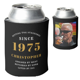 50th Birthday Black Gold With Photo Can Cooler