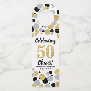 50th Birthday Black Grey Gold Glitter Confetti Bottle Tag
