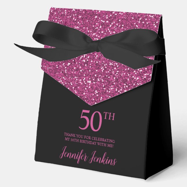 50th Birthday Black Hot Pink Glitter Thank You Favour Box (Front)