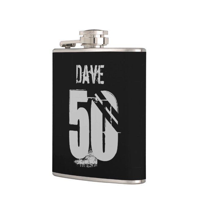 50th Birthday Black Name Bold Personalised  Hip Flask (Left)