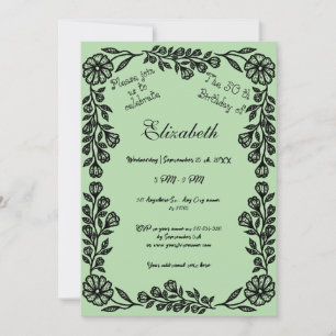 50th Birthday Black & Pale Green Botanical Floral  Invitation