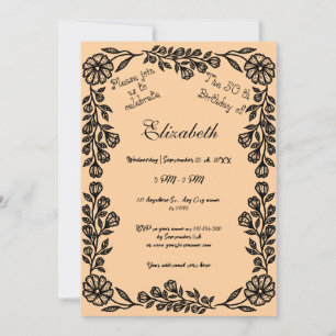 50th Birthday Black & Peach Botanical Floral Invitation