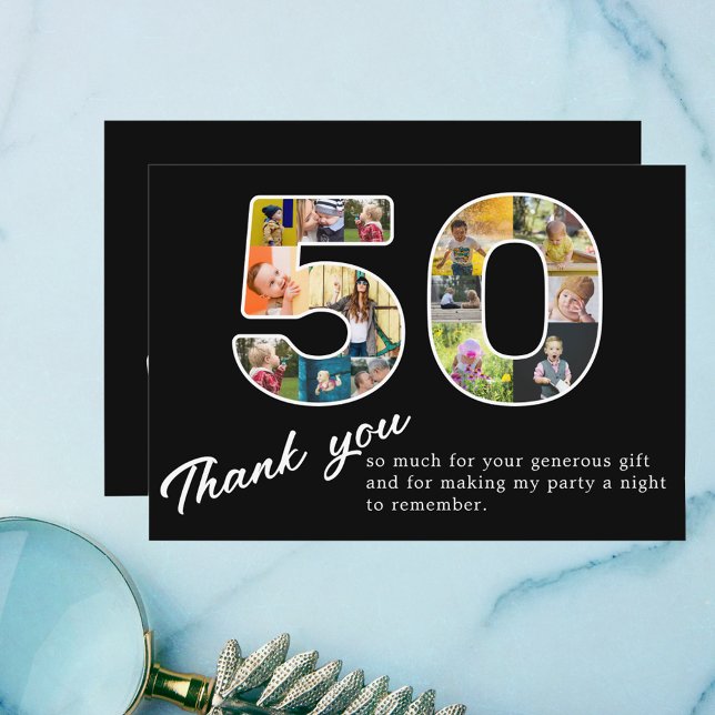 50th Birthday Black Photo Collage Thank You Card (Personalized 50th birthday photo collage thank you card.)