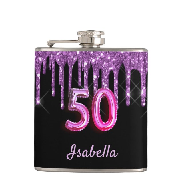 50th birthday black purple glitter monogram hip flask (Front)