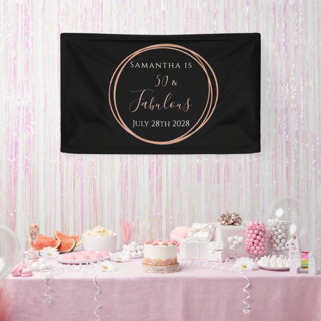 50th Birthday Black Rose Gold Birthday Party Banner (Party)