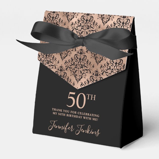 50th Birthday Black Rose Gold Damask Thank You Favour Box (Front Side)